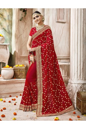 Red Faux  Georgette  Embroidered  Traditional  Saree 7406
